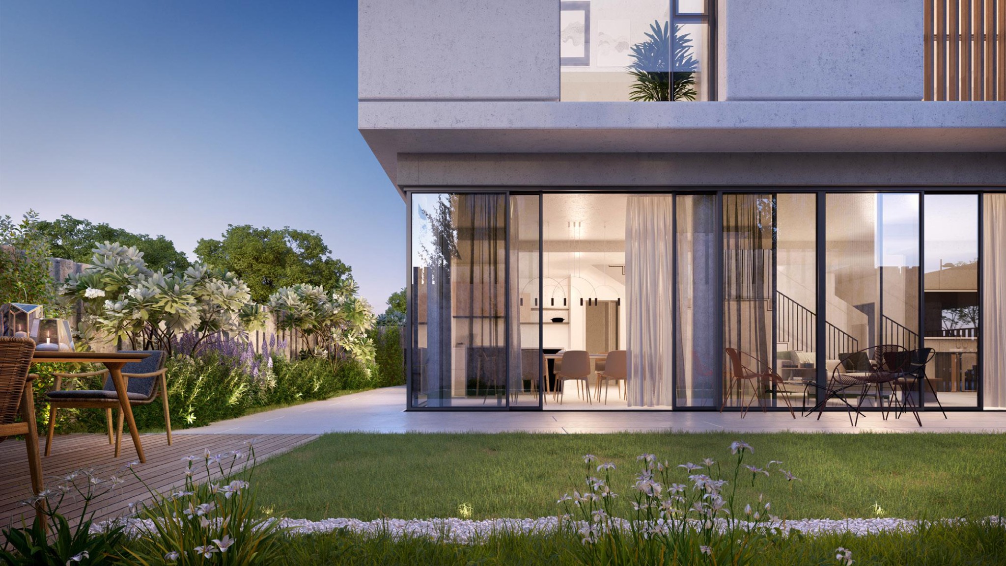 June villa exterior and landscaped setting